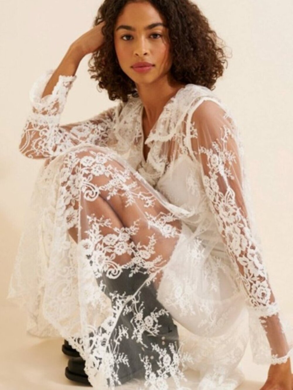 Anthropologie Lace High Low Duster Slip Set S
